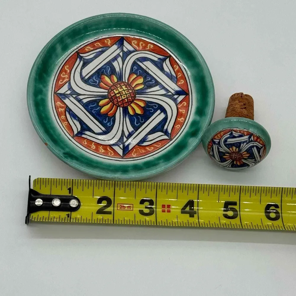 Vietri Wine‎ Plate & Bottle Stopper Set Green Blue Italy Pottery Hostess Gift